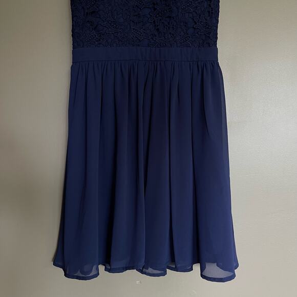 Lulus Romantic Tale Navy Blue Lace Mini Skater Dress Size Medium Open Back Sexy - Picture 8 of 16